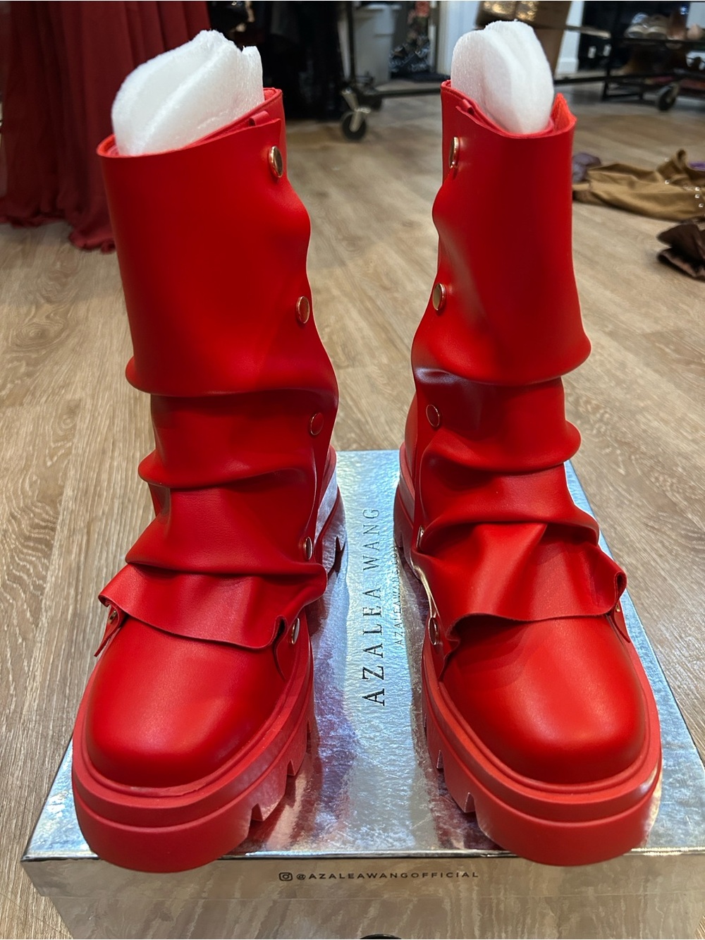 AKIRA Red Chunky Platform Lace-Up Combat Boots - Picture 5 of 6